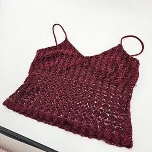 Y2K Babydoll Burgundy Crochet Knit Cami Tank Top Women Small Whimsigoth Boho